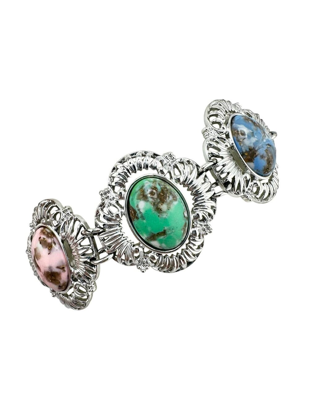 Vintage Sarah Coventry 1974 Partytime Pastel Faux Stone Silver Tone 7" Bracelet